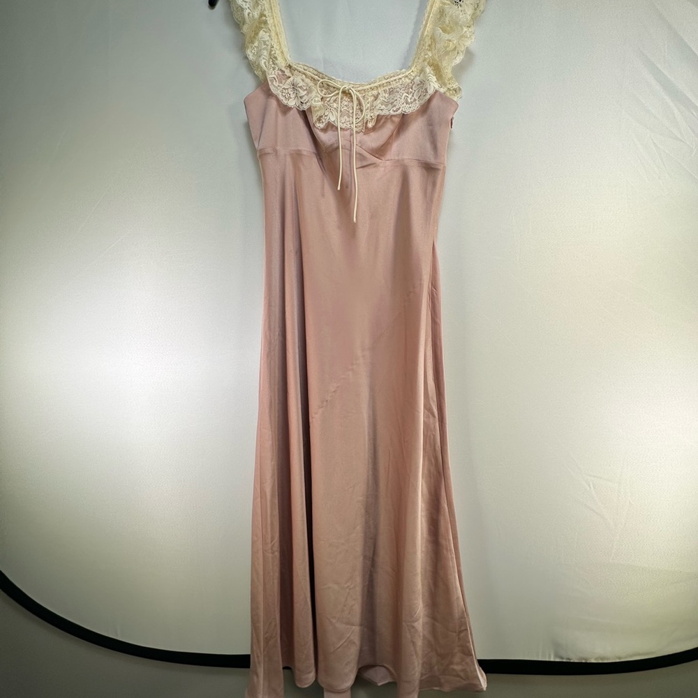 Wayf Pink Maxi SlipDress with Cream Lace Trim - Picture 3 of 6